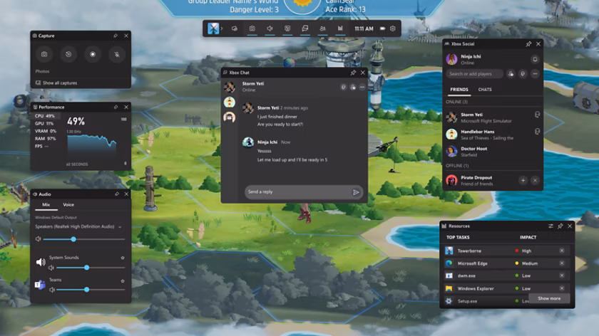 Xbox Game Bar overlay opened over a PC game with capture, performance, audio, and chat widgets